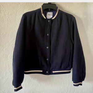 Zara Navy Wool Cropped Bomber Jacket Sz 9/10